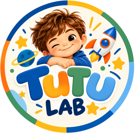 Logo Tutu Lab: menino piscando com foguete, planeta e estrelas